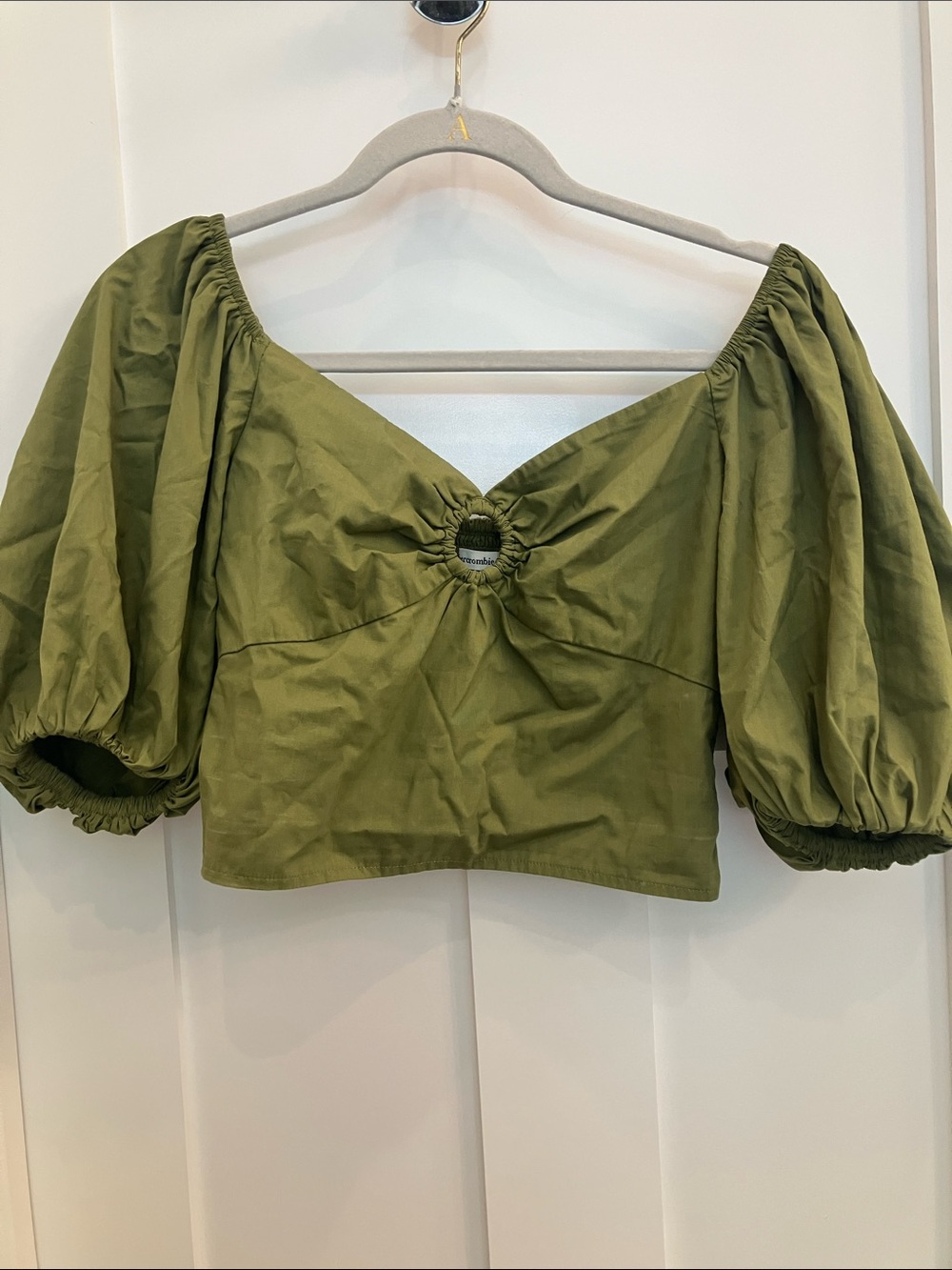 Green Abercrombie & Fitch Sweetheart Neckline Cropped Short Puffed Sleeve Top